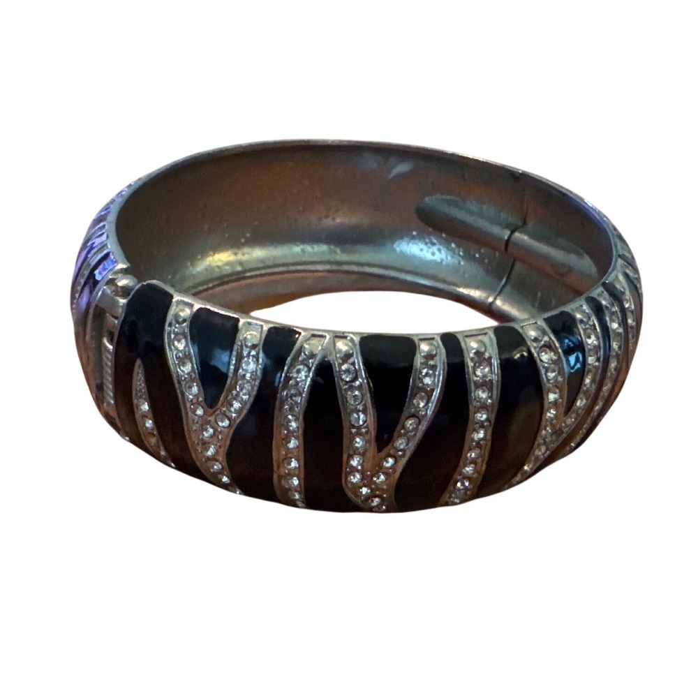 Black Enamel Zebra Stripe Hinged Bangle Bracelet Rhinestone Animal Print